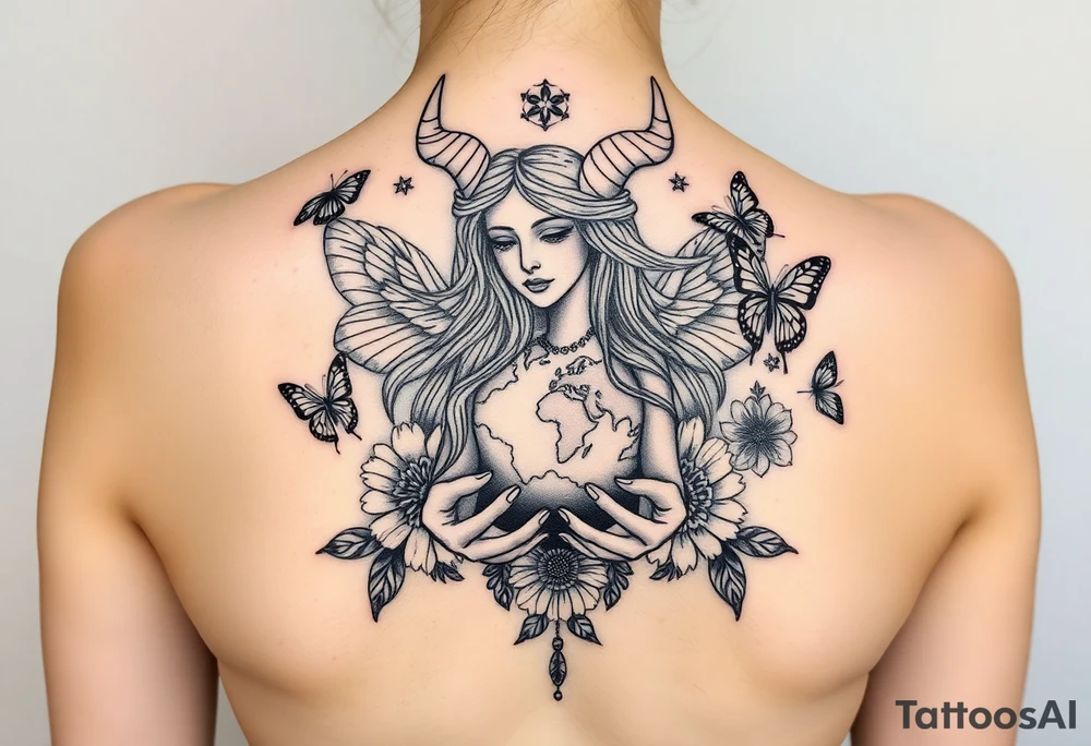 Taurus goddess with earth in her hands and butterflies and flowers all around her tattoo idea