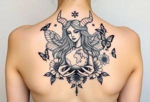 Taurus goddess with earth in her hands and butterflies and flowers all around her tattoo idea