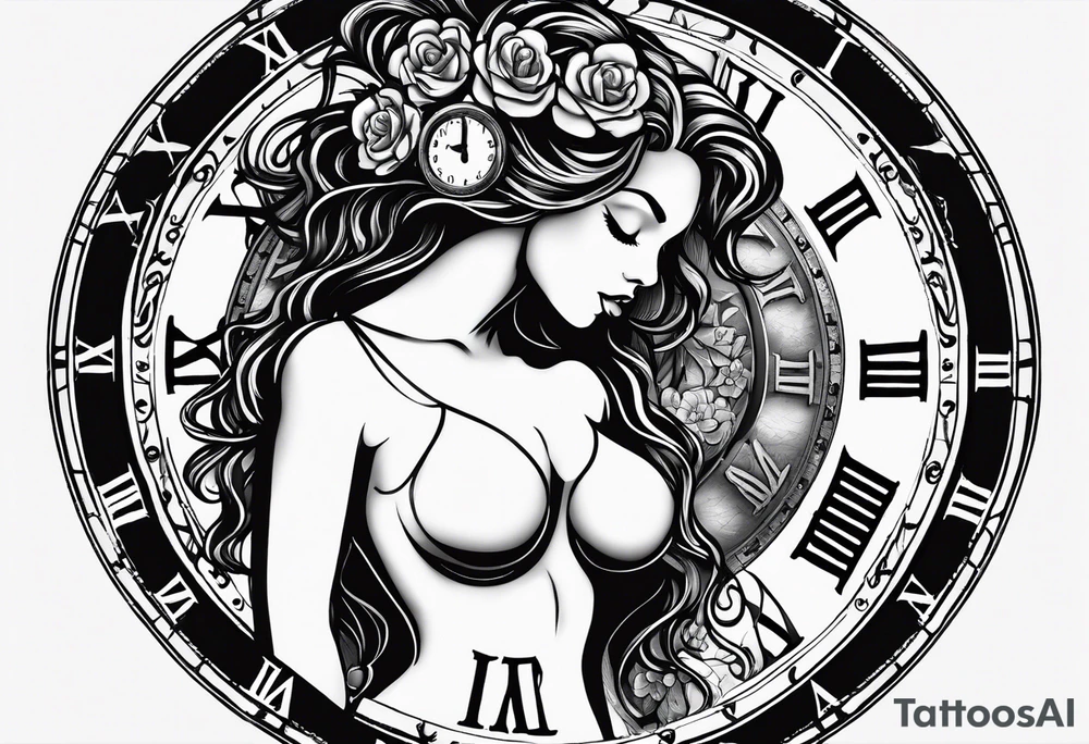 Hispanic/ Latin  goddess, love, forgiveness, strength, peace, cancer zodiac time, past, future, clock tattoo idea