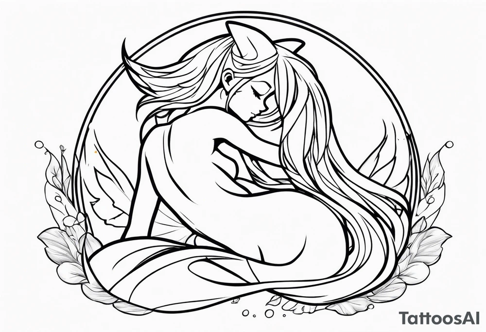 No color fairy with a tail inspired by the logo of the anime show called Fairy Tail in a fetal position leaning in and forward while sleeping tattoo idea