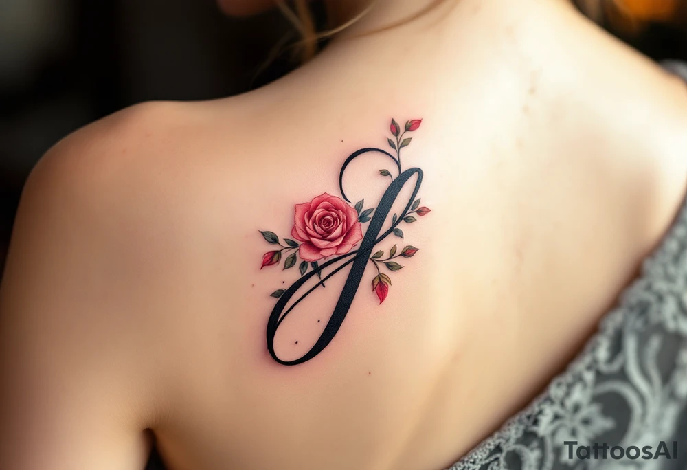 Elegant cursive "J" in deep black ink, wrapped with a soft red rose vine tattoo idea