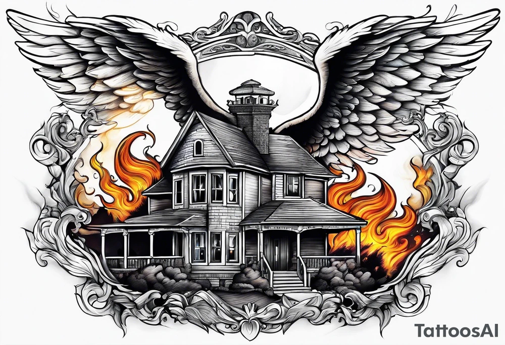 Angel flying over house fire tattoo idea