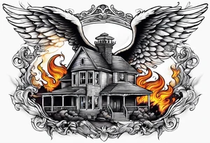 Angel flying over house fire tattoo idea