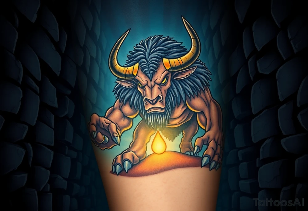 A mighty Minotaur in a shadowy labyrinth, its massive frame glowing with a bronze sheen under flickering torchlight tattoo idea