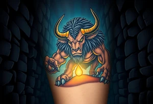 A mighty Minotaur in a shadowy labyrinth, its massive frame glowing with a bronze sheen under flickering torchlight tattoo idea