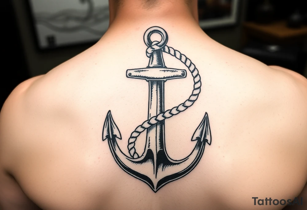weathered anchor wrapped in nautical rope with sea waves tattoo idea