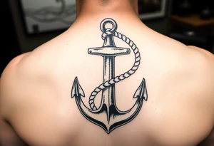 weathered anchor wrapped in nautical rope with sea waves tattoo idea
