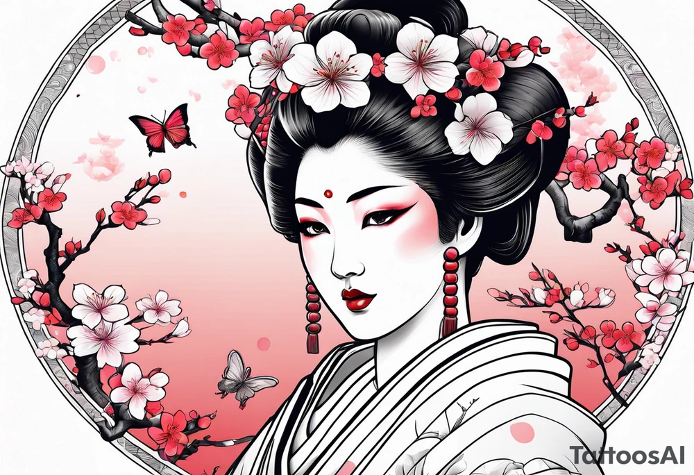 Japanese geisha with ox and sakura flowers tattoo idea