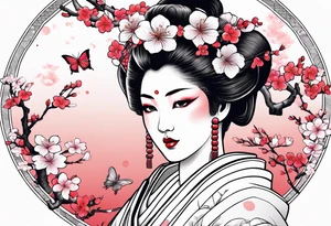 Japanese geisha with ox and sakura flowers tattoo idea