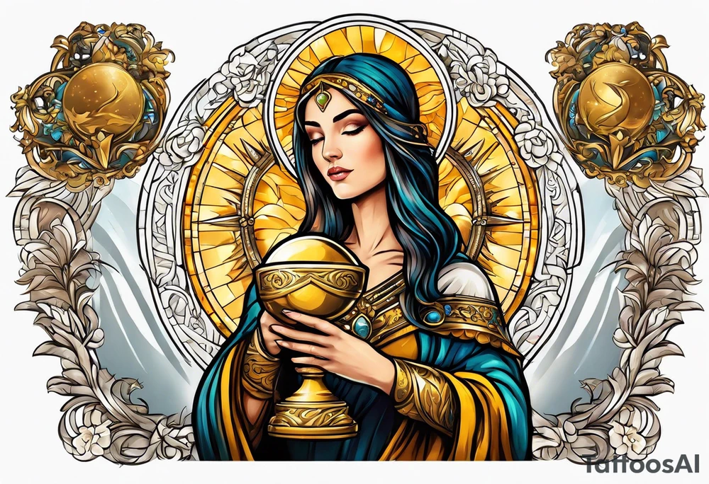 woman saint holding chalice surrounded by golden halo sideways tattoo idea