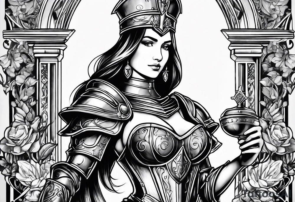 Female saint in armor holding a chalice tattoo idea