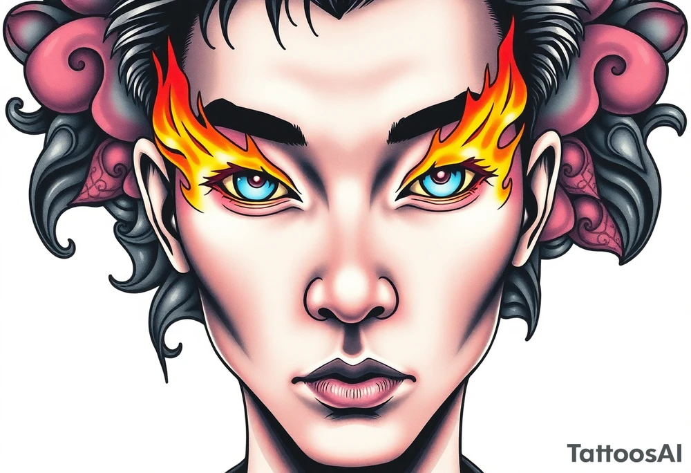 Handsome Asian young guy with burning eyes tattoo idea