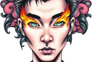 Handsome Asian young guy with burning eyes tattoo idea