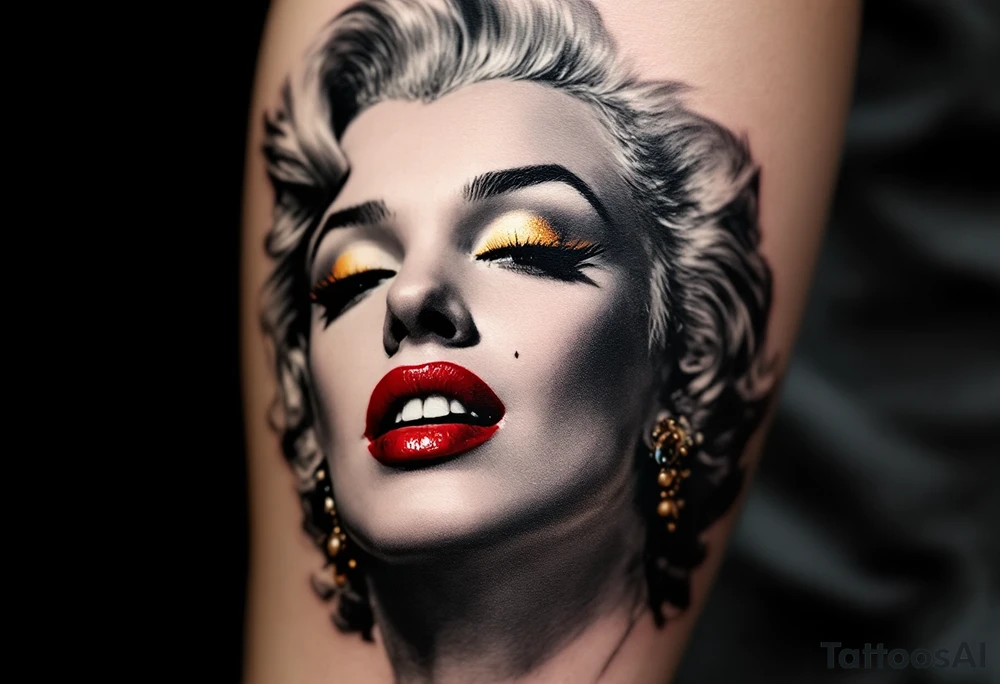 Realistic close-up of Marilyn Monroe face in grayscale with vivid red lips and golden eyeshadow. tattoo idea