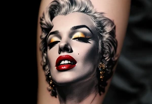 Realistic close-up of Marilyn Monroe face in grayscale with vivid red lips and golden eyeshadow. tattoo idea