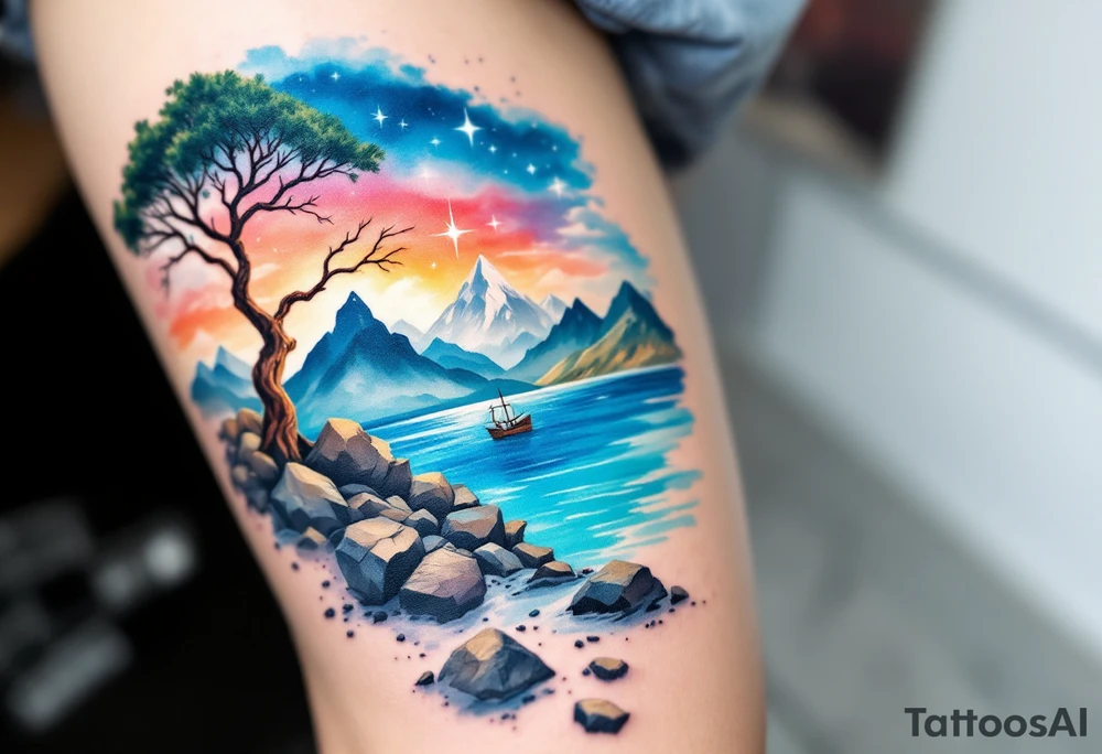 tattoo that has an acacia tree with mountains, ocean with a ship wreck and the northern star tattoo idea