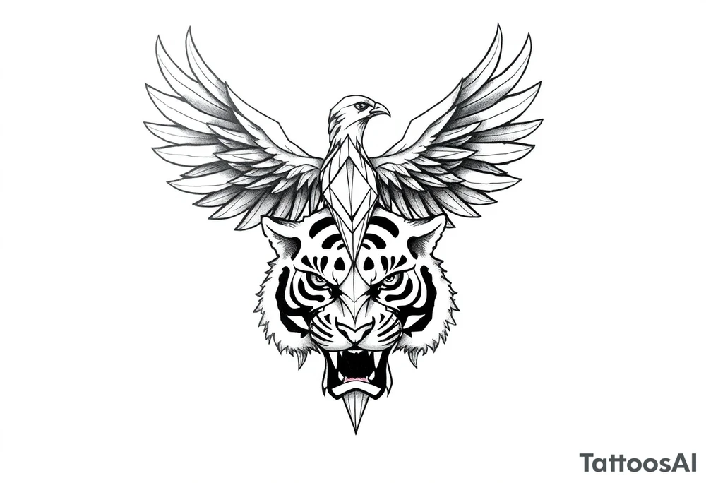 a geometric phoenix over a tiger's head tattoo idea