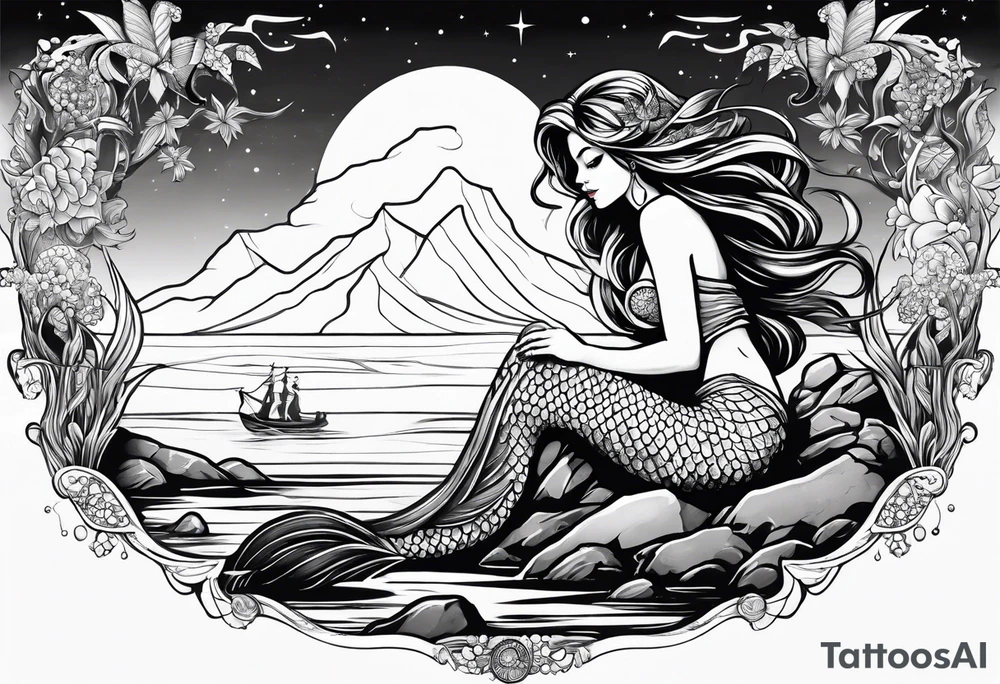 Mermaid on a rock in a bayou at night tattoo idea