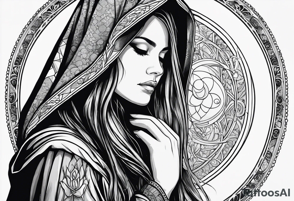 Woman in profile with long hair in hooded cloak with her left hand raised above her head reaching for an orb tattoo idea