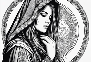 Woman in profile with long hair in hooded cloak with her left hand raised above her head reaching for an orb tattoo idea