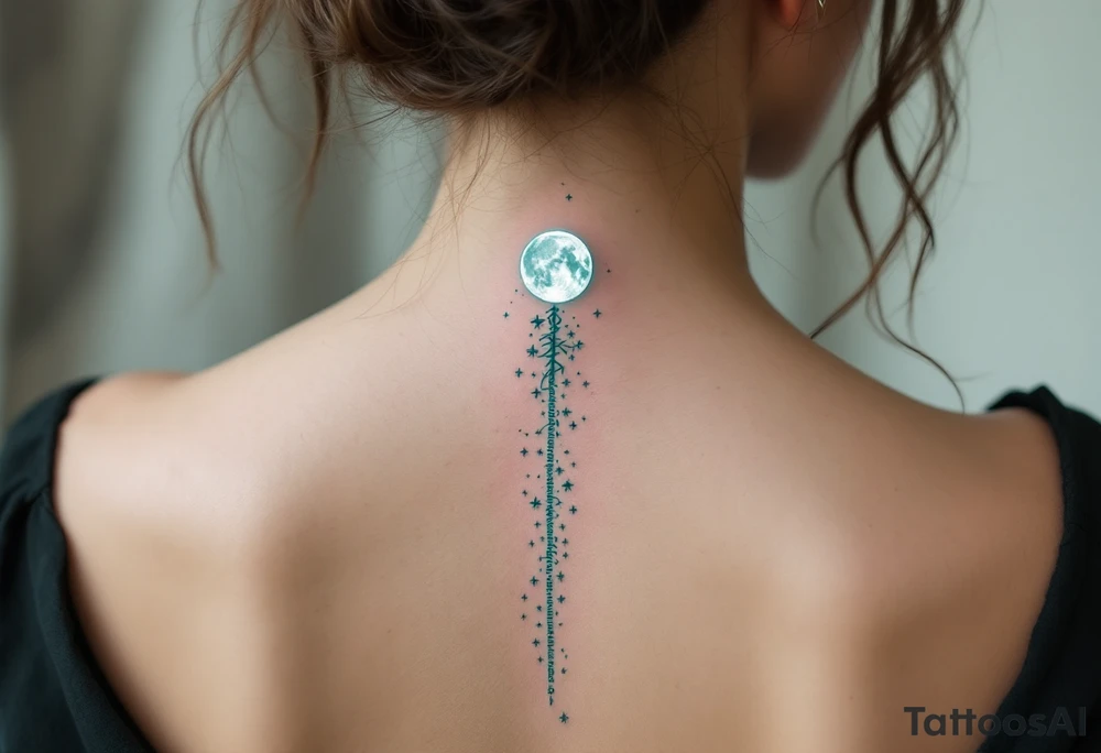 Flowing in teal ink across the spine, “Through hardships to the stars” is crowned with a glowing white moon. tattoo idea