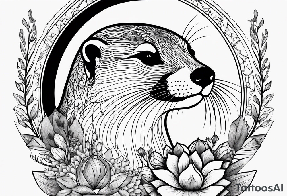 loutre sauvage avec en arriere plan une fleur de vie et des planets qui tourne autour tattoo idea