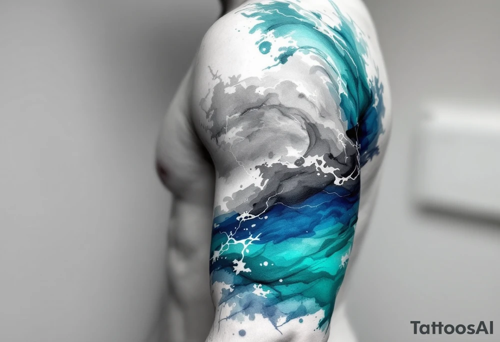 A wave in layered brushstrokes of teal, indigo, and gray mimics a watercolor painting. tattoo idea