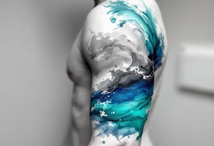 A wave in layered brushstrokes of teal, indigo, and gray mimics a watercolor painting. tattoo idea