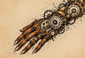 A steampunk-inspired hand tattoo in bronze, copper, and rust tones with exposed gears and clockwork intricacies. tattoo idea