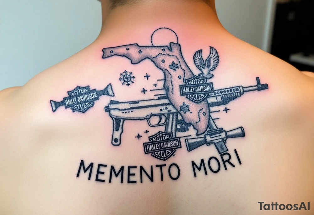 colorful futuristic memory tattoo for passed boyfriend; Florida, gulf coast water, Harley Davidson, skateboarding, puzzle pieces, video games, heaven, god, outdoors, guns, disc golf, words "MEMENTO MORI" tattoo idea