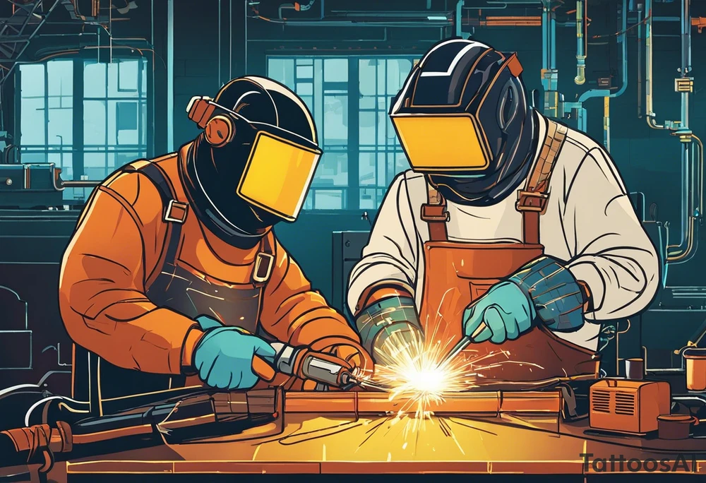 Two 60-year-old characters working together on creating a big mechanism made of iron and electronic circuits. The first character is a welder, dressed in a welding suit and mask. The second character is a fitter, wearing a shirt with sleeves rolled up to the forearms and a tool belt. No hat. The mechanism they are working on should be in the center of the drawing, should look like a heart and to be 1\5 of the whole immage.  Characters positioned on either side of the mechanism. The sketch should convey a sense of teamwork and craftsmanship tattoo idea
