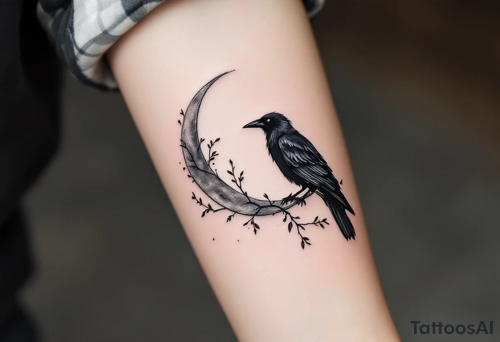 Mystic Black Crow with Crescent Moon – A sleek black crow perched on a branch, silhouetted against a silver crescent moon. Fine-line style with subtle gray shading. tattoo idea