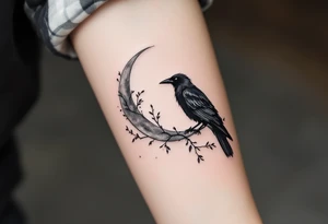 Mystic Black Crow with Crescent Moon – A sleek black crow perched on a branch, silhouetted against a silver crescent moon. Fine-line style with subtle gray shading. tattoo idea