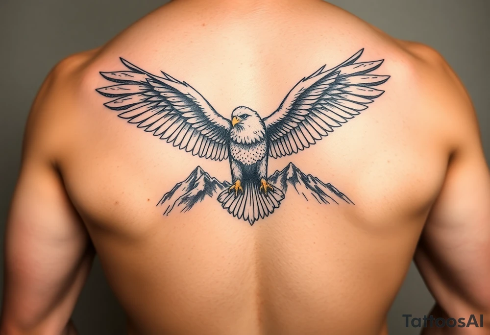 majestic eagle spreading wings against mountain peaks tattoo idea