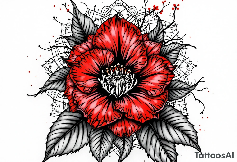 red  and black rhododendron trippy with mandala behind tattoo idea