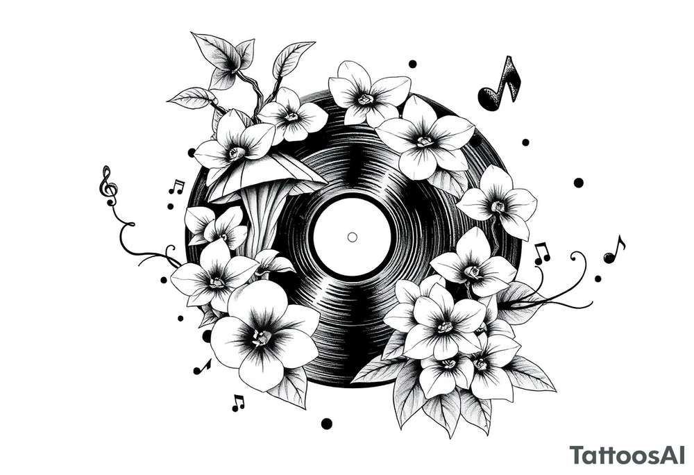 one black and white vinyl record with mushrooms, orchids, and music notes around it tattoo idea