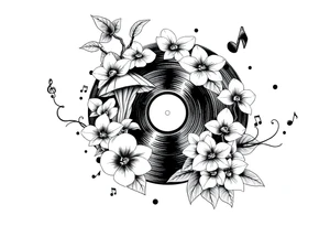 one black and white vinyl record with mushrooms, orchids, and music notes around it tattoo idea