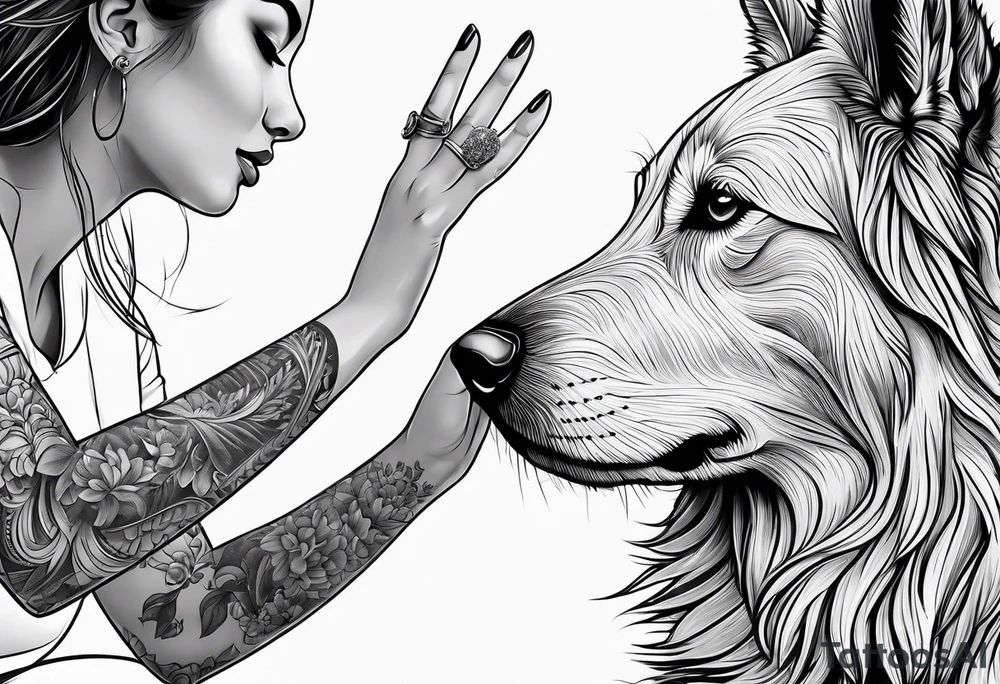 female dog reaching for the hand of a woman and she is facing backwords tattoo idea