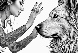 female dog reaching for the hand of a woman and she is facing backwords tattoo idea