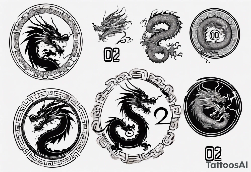 Chinese dragon in a circular shape with "02.03" written on its skin tattoo idea