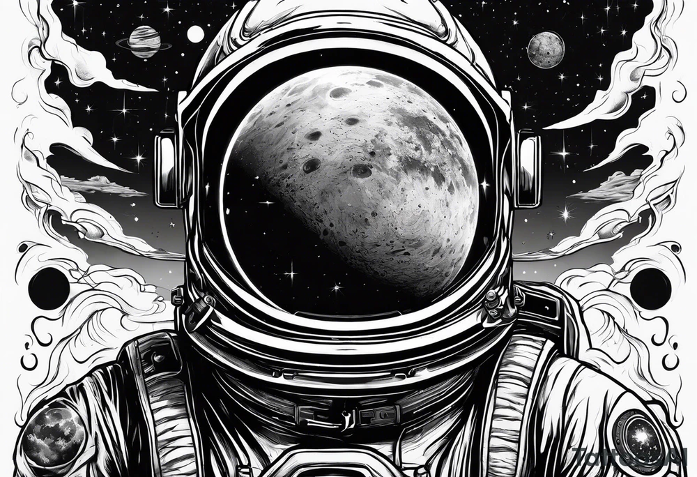 Cosmic tattoo with a planet and a astronaut, now make it more cosmic horror tattoo idea