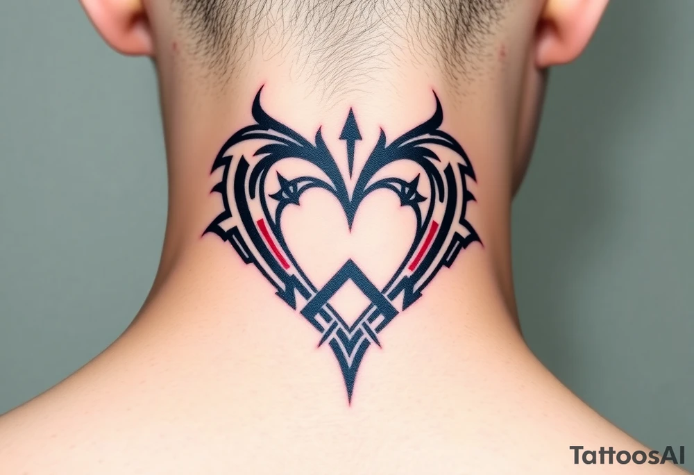 A bold tribal-style infinity-heart with sharp geometric patterns, in black ink with subtle red accents, blending strength and passion tattoo idea