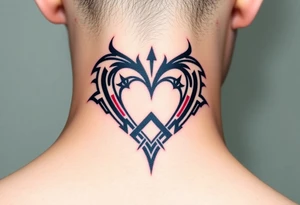 A bold tribal-style infinity-heart with sharp geometric patterns, in black ink with subtle red accents, blending strength and passion tattoo idea
