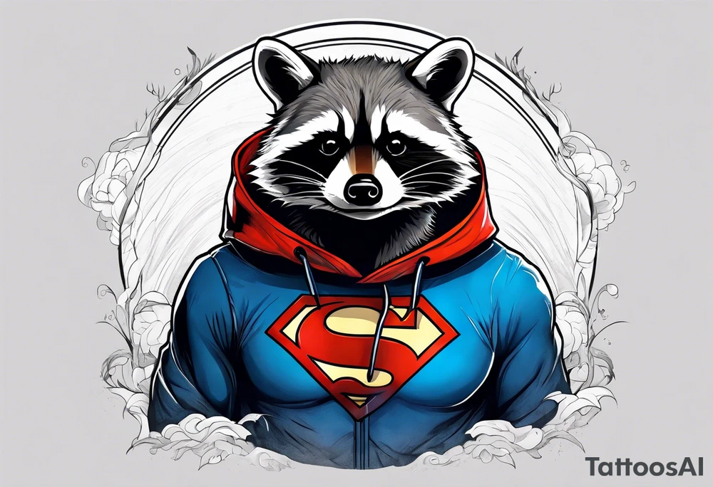 raccoon wearing a Superman hoodie tattoo idea