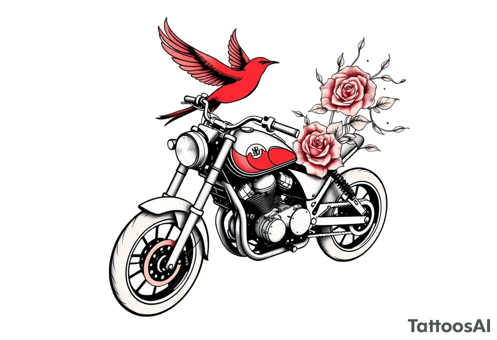 Motorcycle, red bird flying, roses and lace, flames tattoo idea