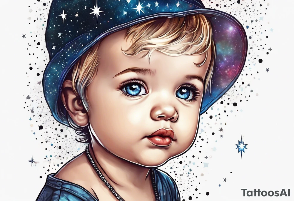 toddler head with starry sky behind it tattoo idea