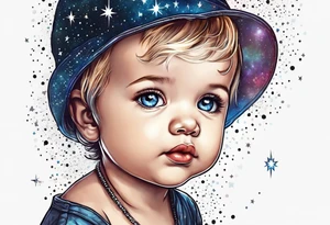 toddler head with starry sky behind it tattoo idea