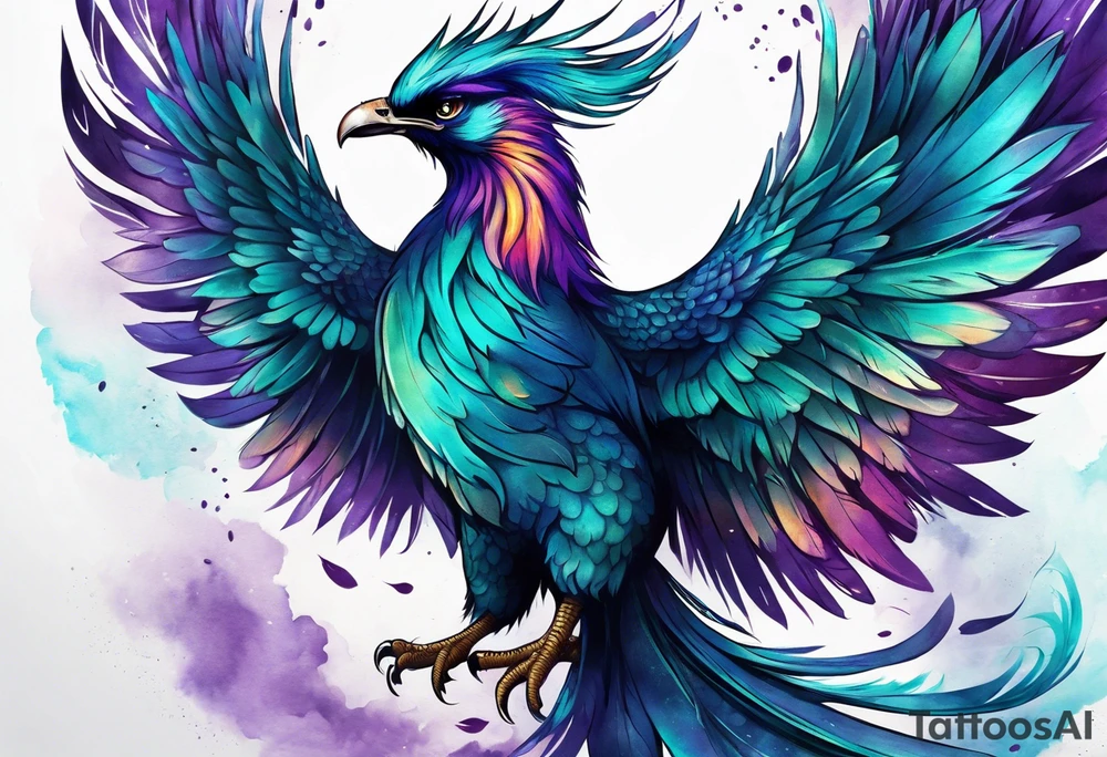 Phoenix on hip down into thigh with feathers that have teal purple and blue with quote "from the Ashes I rise" long tail featgers tattoo idea