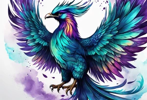 Phoenix on hip down into thigh with feathers that have teal purple and blue with quote "from the Ashes I rise" long tail featgers tattoo idea