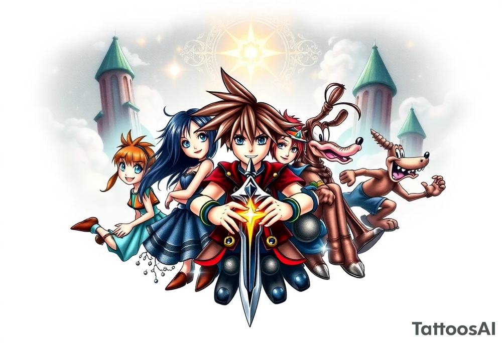 Exact Kingdom Hearts design featuring sora, kairi, riku, donald and goofy from the game, together in a dynamic, united pose. The centerpiece should include the soras Keyblade, with a beautiful and ethereal dark Kingdom Hearts-inspired background—think glowing stars, floating islands, and stained-glass elements in backroung. The design should capture themes of friendship, light vs. darkness, and adventure. Style should be detailed, fantasy-oriented, and suitable for a large piece tattoo idea